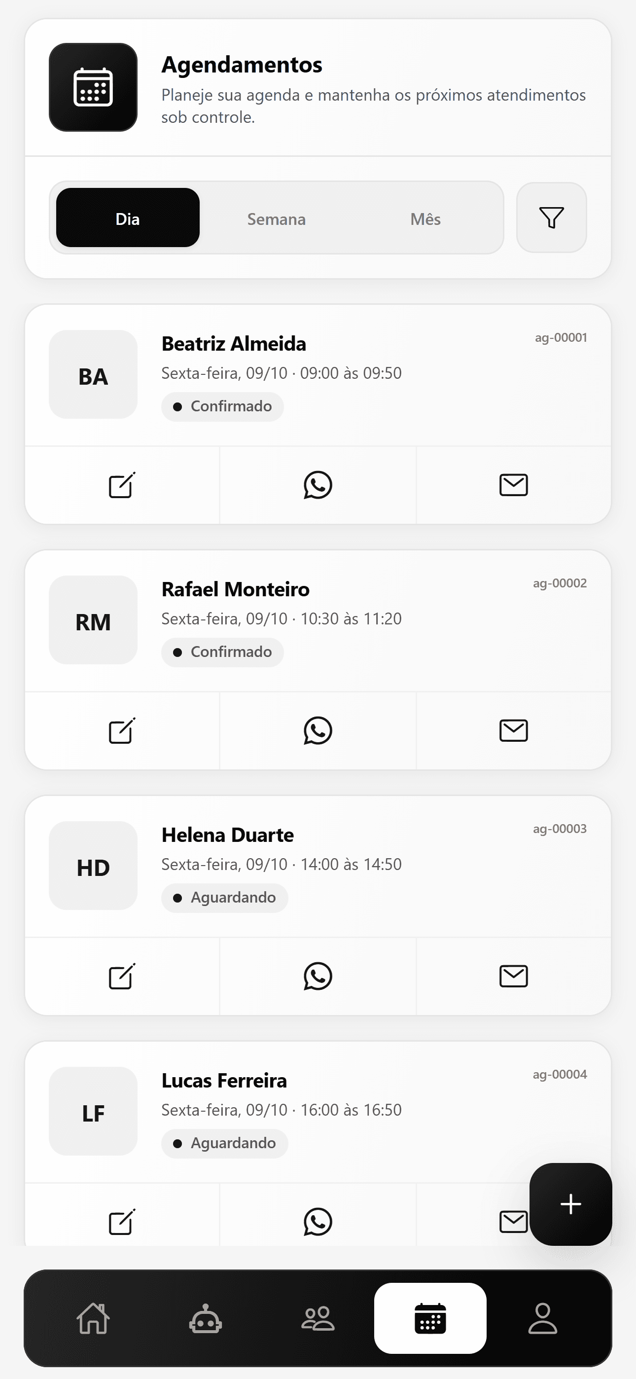 Agenda do Lunia com os atendimentos do dia