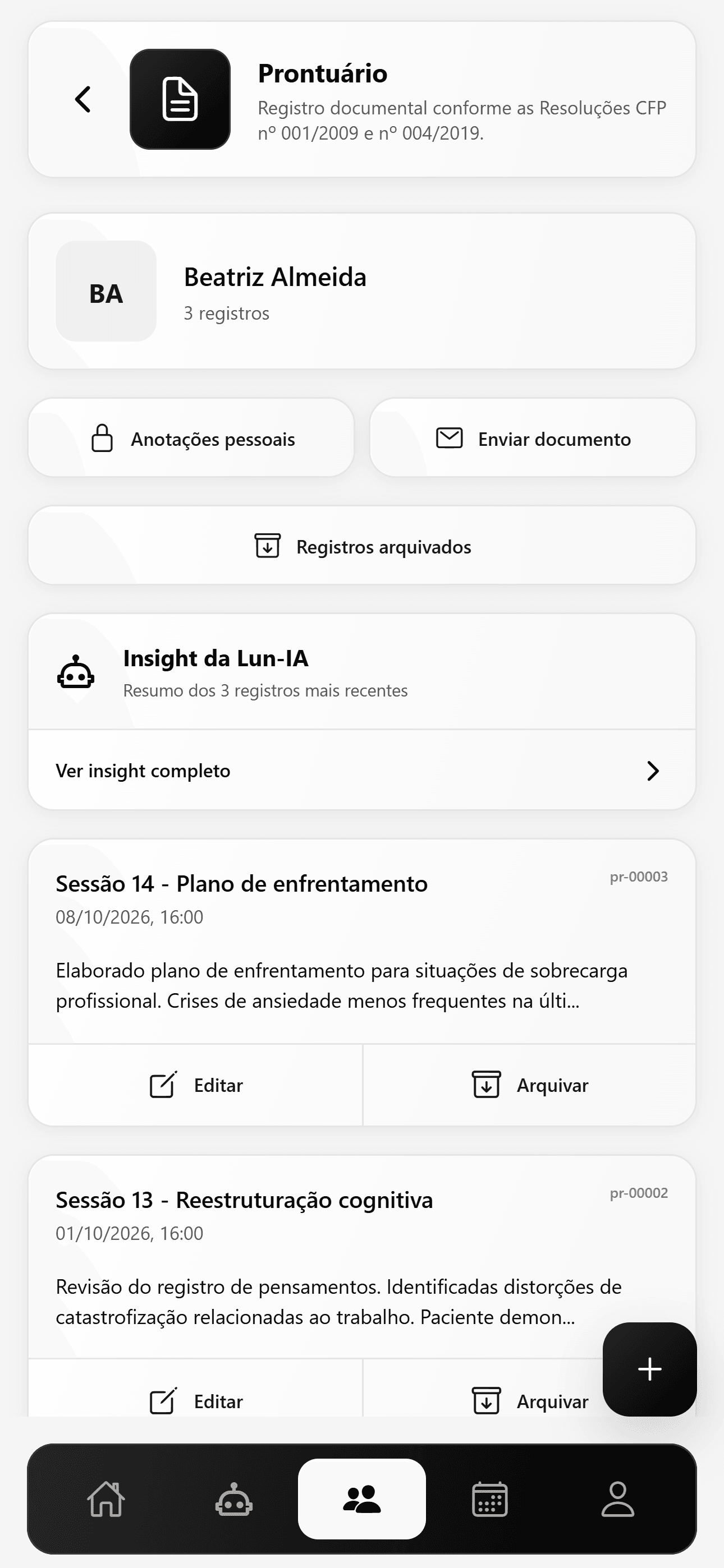 Prontuário psicológico no Lunia